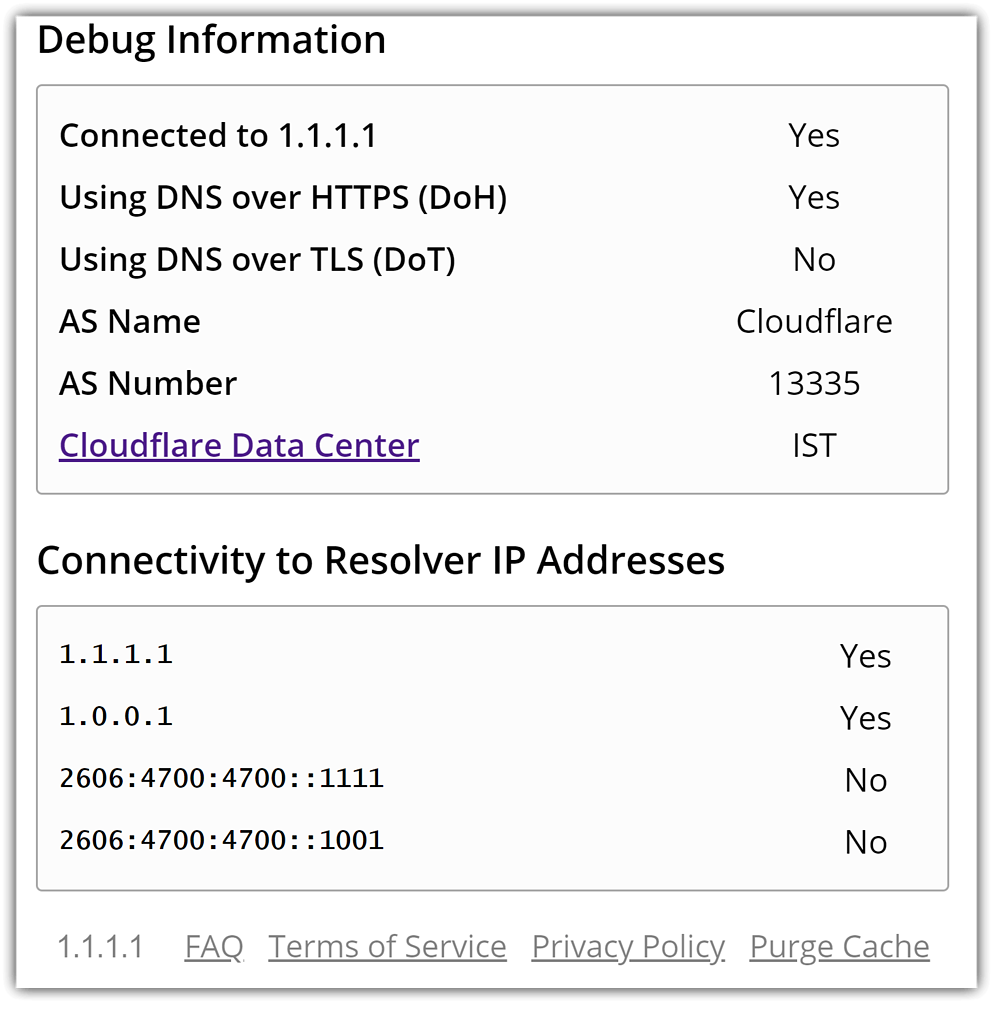 cloudflare debuf information, cloudflare 1.1.1.1 dns test, dns over https