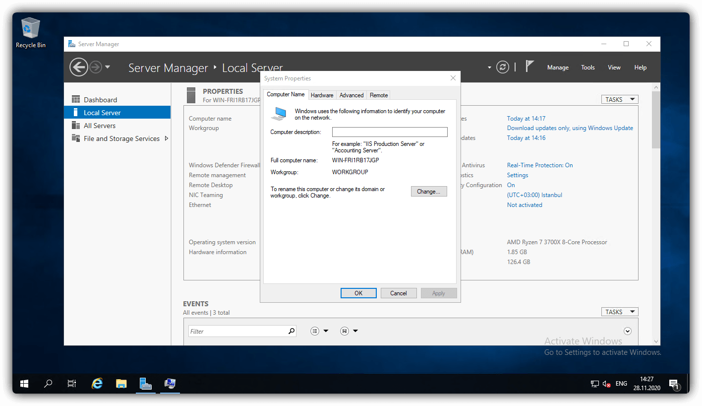 windows server 2019 bilgisayar adının değiştirilmesi, windows server 2019 makine adının değiştirilmesi, sunucu isimlendirme, sunucu adı nasıl değiştirilir, hostname değiştireme