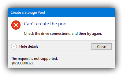 windows 10 create pool error