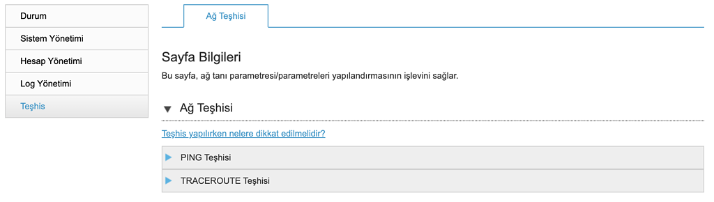 Turksat Fiber Optik Altyapı Çalışması 17 Ağ teşhisi sayfası, PING ve TRACEROUTE seçenekleri