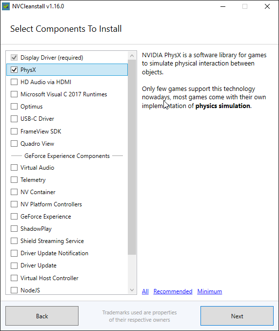 Bileşenleri seçin ve yükleyin: PhysX simülasyon yazılımı.