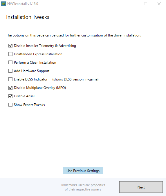 NVIDIA Sürücüsünü Kullanımınıza Göre Özelleştirin 4 Sürücü kurulum seçenekleri ekranı, NVCleanstall v1.16.0
