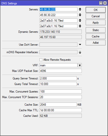 DNS Ayarları penceresi