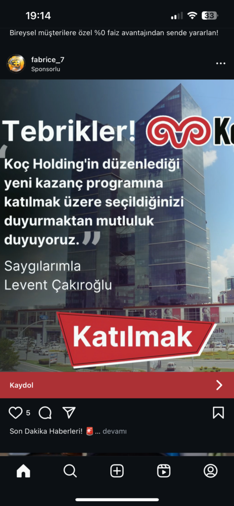 Dolandırıcıların Kullandığı Reklam Görselleri 18 Koç Holding kazanç programı duyurusu, Tebrikler!
