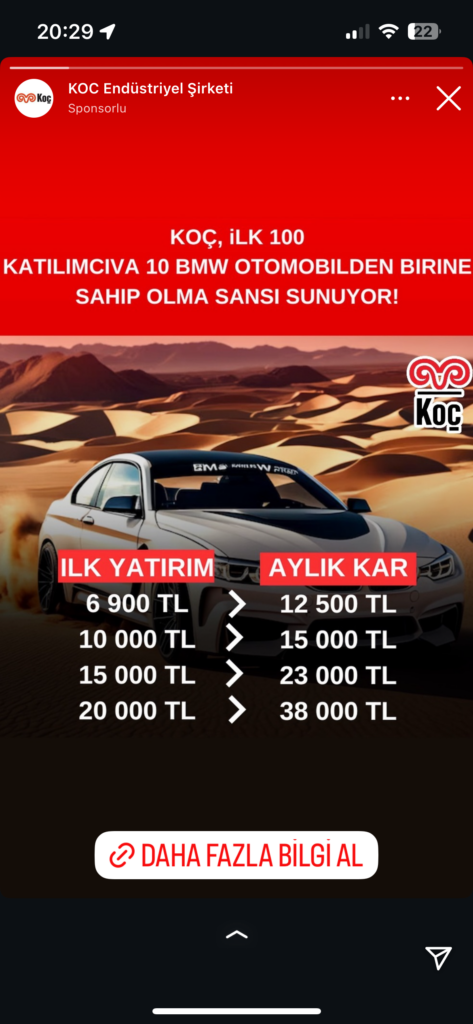 Dolandırıcıların Kullandığı Reklam Görselleri 19 Koç BMW fırsatı, ilk yatırım ve aylık kâr