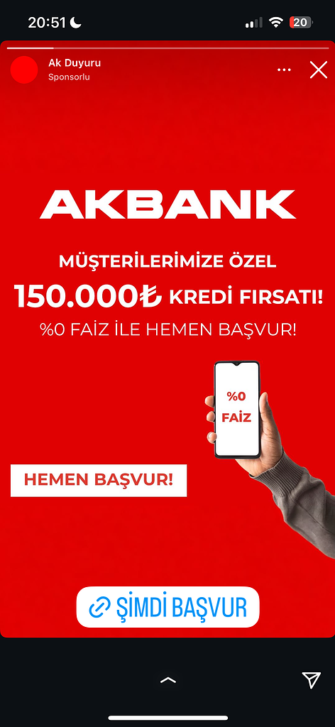 Dolandırıcıların Kullandığı Reklam Görselleri 70 Akbank %0 faizli kredi fırsatı