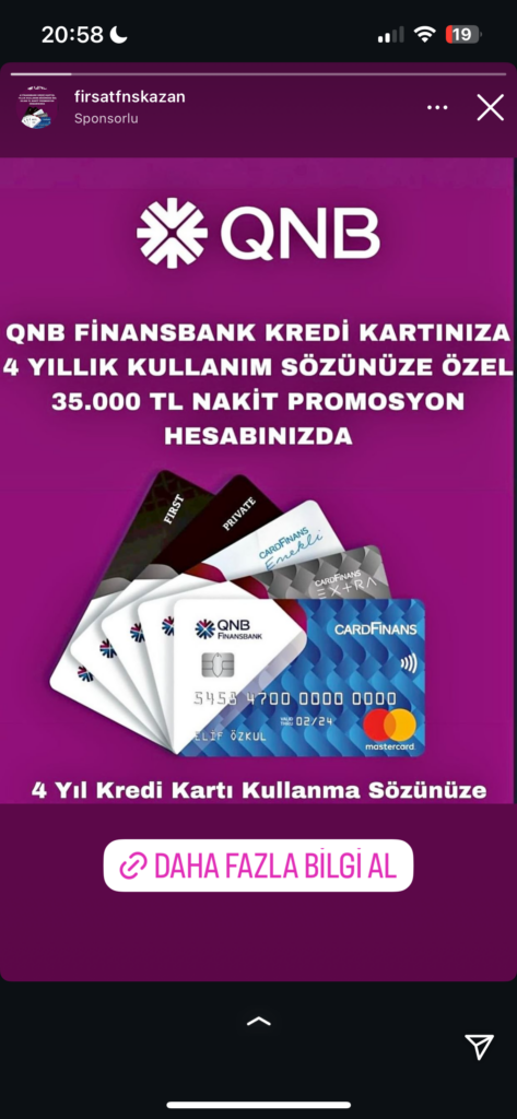 Dolandırıcıların Kullandığı Reklam Görselleri 38 QNB Finansbank kredi kartı promosyon teklifi.