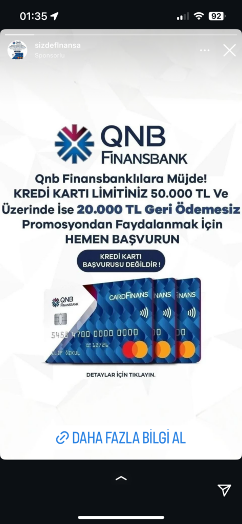 Dolandırıcıların Kullandığı Reklam Görselleri 30 QNB Finansbank fırsatı: 20.000 TL geri ödemesiz.