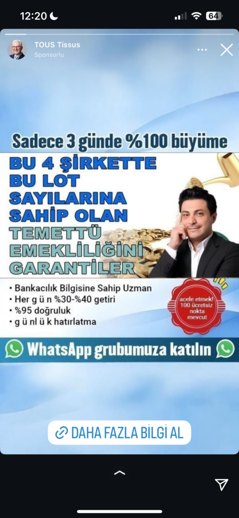 Dolandırıcıların Kullandığı Reklam Görselleri 8 Yatırım fırsatı ve WhatsApp grubuna katılım daveti.