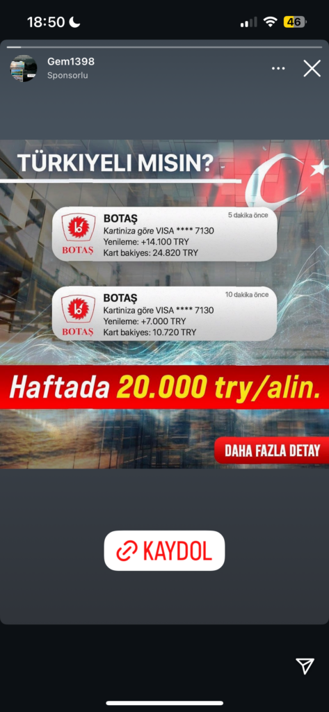 Dolandırıcıların Kullandığı Reklam Görselleri 21 BOTAS kart kazanma teklifi, detaylar için kaydolun.