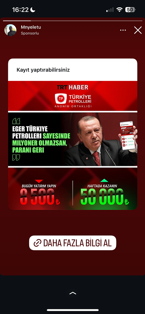 Dolandırıcıların Kullandığı Reklam Görselleri 57 Türkiye Petrolleri yatırım kazanç fırsatı ve kayıt.