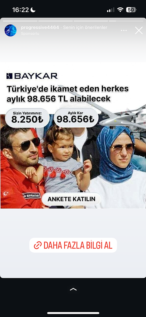 Dolandırıcıların Kullandığı Reklam Görselleri 34 Baykar anket katılımı, aylık kazanç fırsatı.