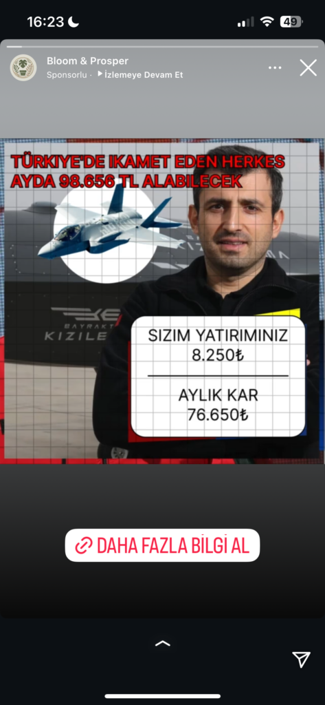 Dolandırıcıların Kullandığı Reklam Görselleri 50 Yatırım fırsatı, aylık kazanç ve bilgi al seçenekleri.