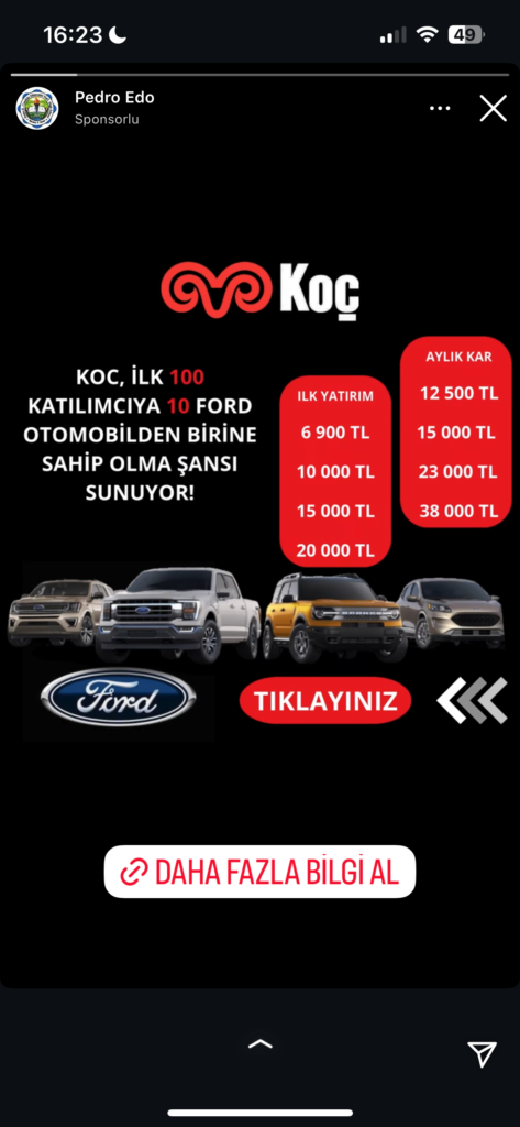 Dolandırıcıların Kullandığı Reklam Görselleri 25 Koç'tan Ford kazanma şansı, detaylı bilgi için tıklayın.