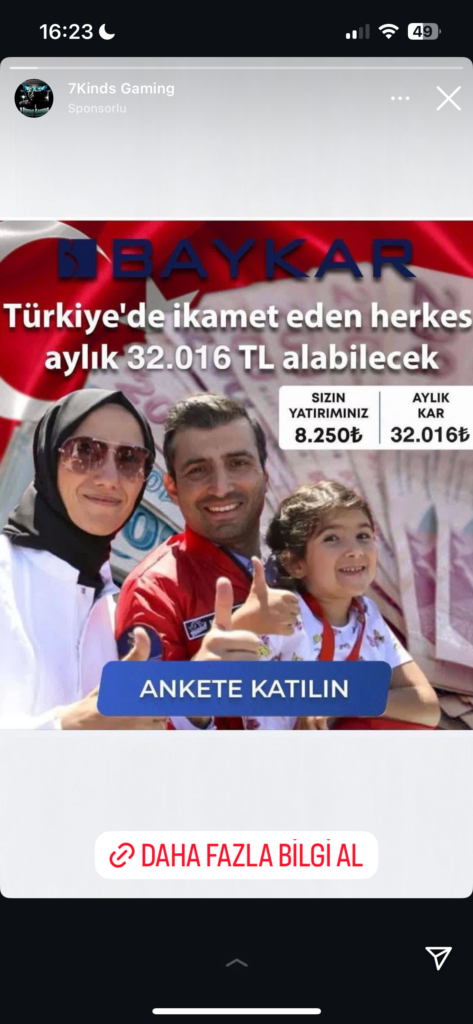 Baykar reklamı, aylık kazanç fırsatı bilgisi.