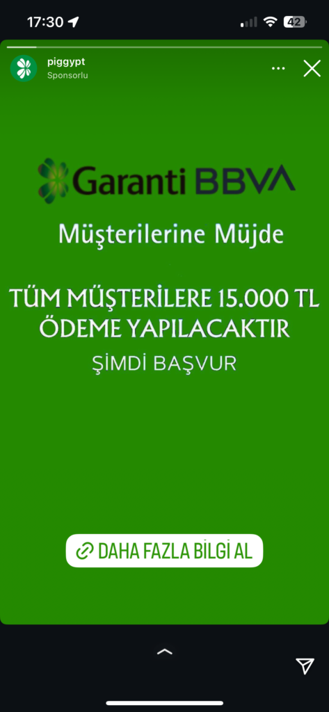 Dolandırıcıların Kullandığı Reklam Görselleri 54 Garanti BBVA 15.000 TL ödeme kampanyası