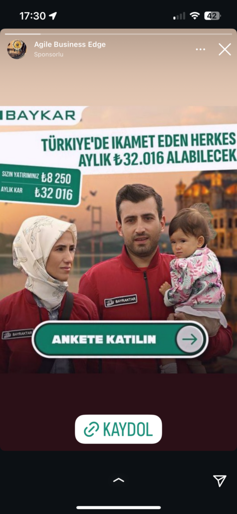 Dolandırıcıların Kullandığı Reklam Görselleri 12 Türk ailesi, Baykar promosyonu, ankete katılın.