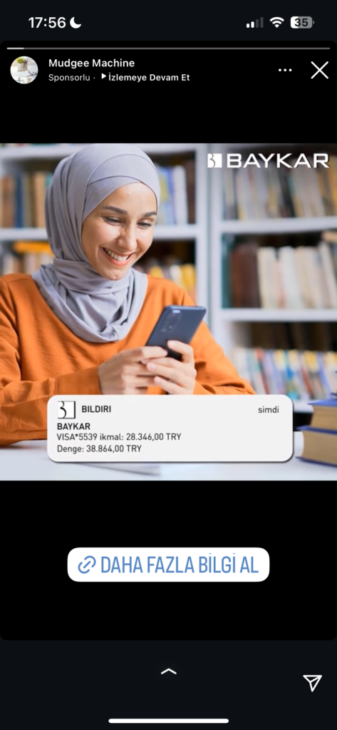 Dolandırıcıların Kullandığı Reklam Görselleri 13 Mutlu kadın cep telefonuna bakıyor, BAYKAR bildirimi.