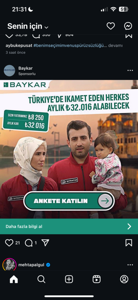 Dolandırıcıların Kullandığı Reklam Görselleri 5 Baykar tanıtımı, kazanç fırsatı sunuyor.